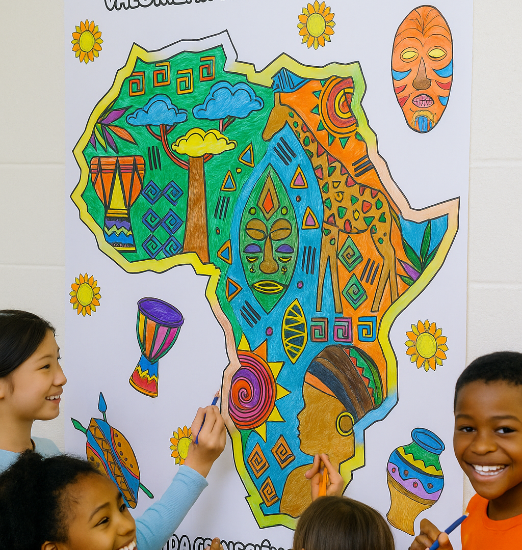 PAINEL PINTURA COLETIVA e FOLHINHA A4 MAPA DA ÁFRICA -CONSCIÊNCIA NEGRA